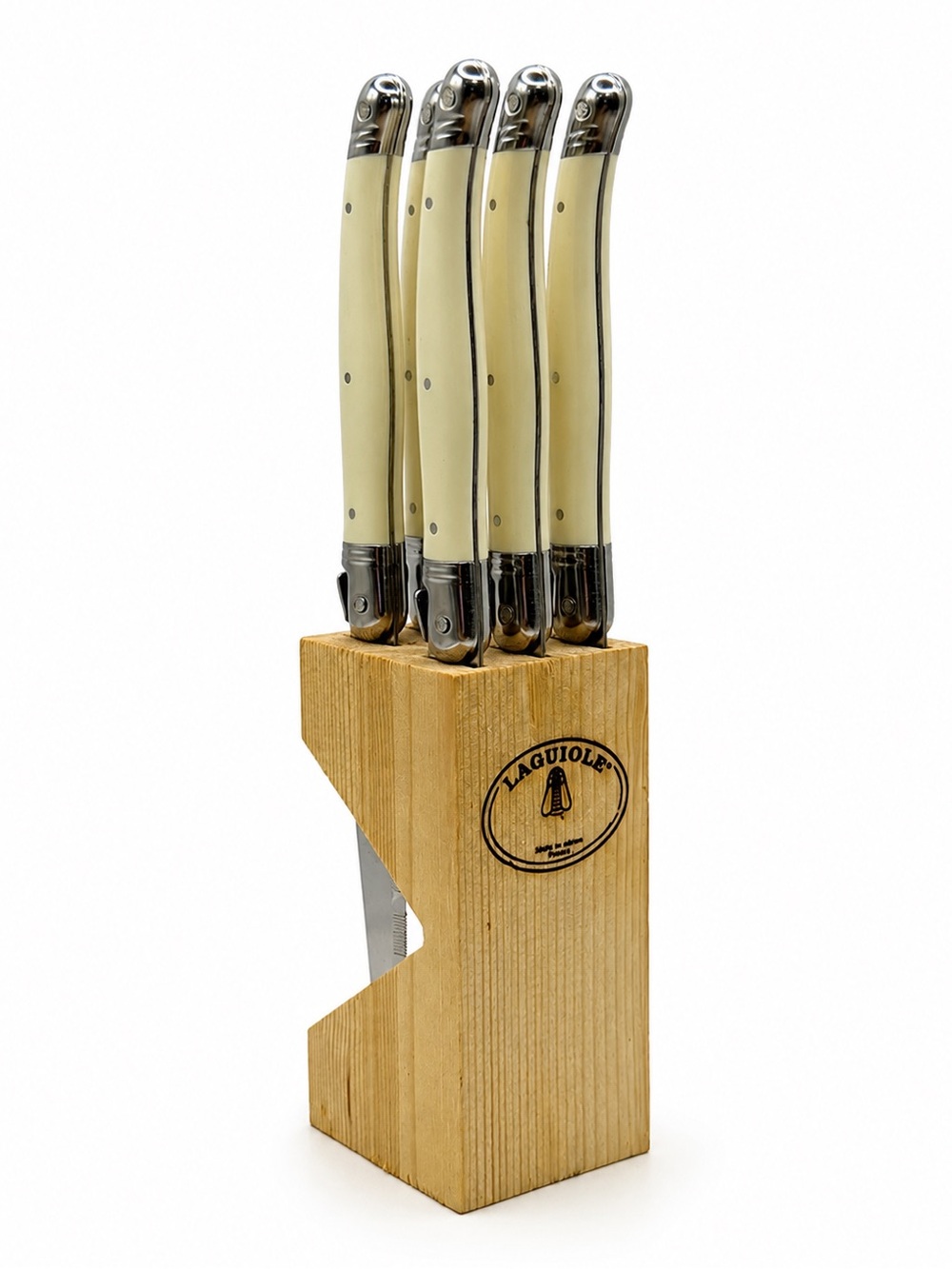 Jean Dubost Laguiole Steak Knives Set of 6 Stainless with Ivory Handles & Block